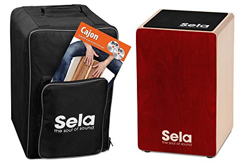 Sela SE 184 DE Primera Cajon Red Einsteiger Bundle mit Sela Snare System, aufgebaut, Rucksack, Sitzpad, Schule, CD, DVD