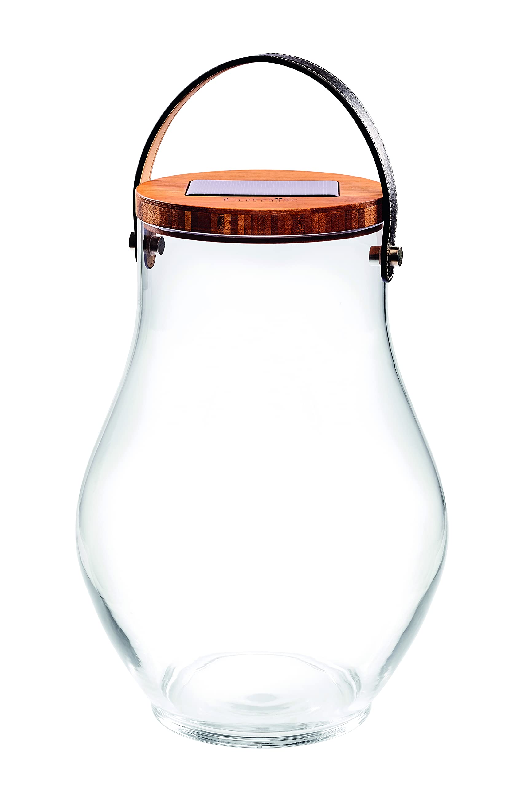 Lumix® LED Deco Glass Bold Solarlicht Dekoleuchte Sonnenglas Solarlampe mit Bambusdeckel Mundgeblasenes Glas Dekoration Warmweiß inkl. USB-Port Leder Trageriemen In & Outdoor 22520