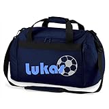 Sporttasche mit Namen | inkl. NAMENSDRUCK | Motiv Fußball | Personalisieren & Bedrucken | Reisetasche Jungen Ball Sport-Verein | blau schwarz (dunkelblau)