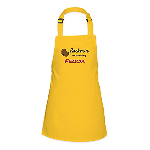 Wolimbo Kinder-Kochschürze - personalisierte Koch-Schürze mit Name - verstellbares Nackenband - individuelle Back-Schürze mit Wunsch Motiv/Name - gelb