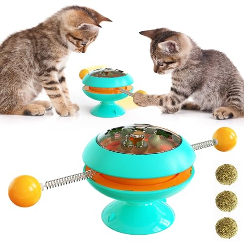 Qosigote Catnip Balls Toy with Suction Cup Base, Multi-Functional Catnip Interactive Training Toy, Funny Teasing Cat Spinning Windmill Toys, Engaging Indoor Cat Toy for Endless Fun (Blue)
