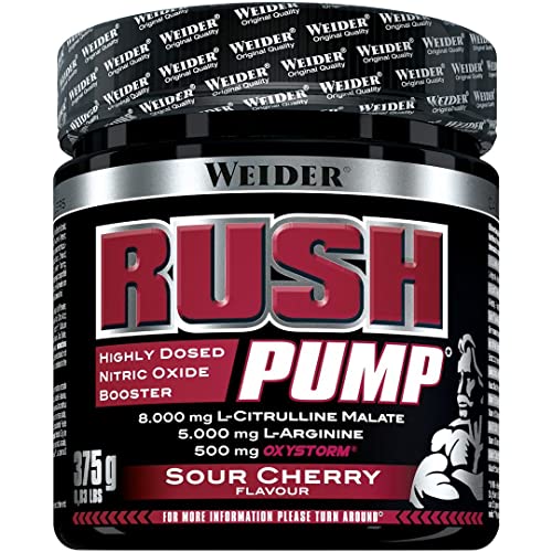 Weider Rush Pump Pre Workout Booster ohne Koffein, hochdosiert mit L-Citrullin, L-Arginin und Oxystorm, für Fitness & Bodybuilding, Sauerkirsch-Geschmack, 375 g