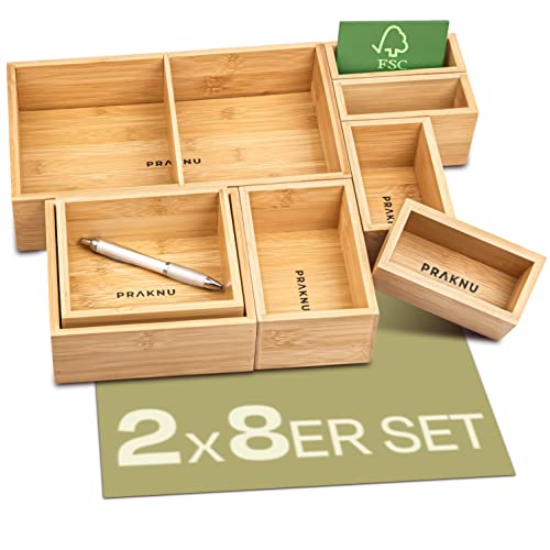 Schubladen Organizer Box 2x 8er Set - Aus nachhaltigem FSC Bambus Holz - Mit Anti-Rutsch Pads