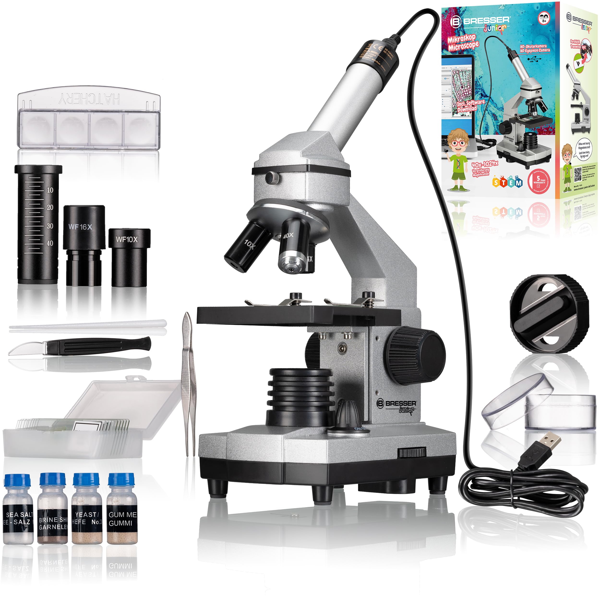Bresser Junior Mikroskop Set Biolux DE 40x-1024x für Kinder und Erwachsene mit hoher Vergrößerung, inklusive USB Kamera und umfangreichem Zubehör für den idealen Start in den Mikrokosmos