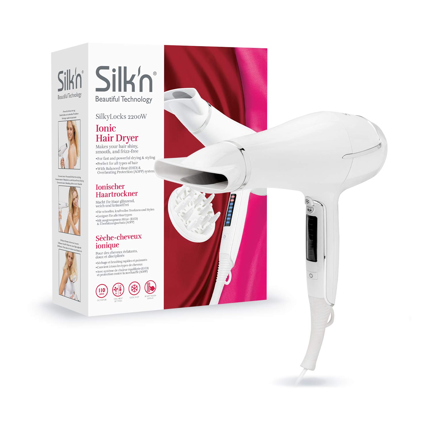 Silk'n SilkyLocks - Ionische Haartrockner - mit Stylingdüse und Diffusor - 6 Geschwindigkeiten, Weiß