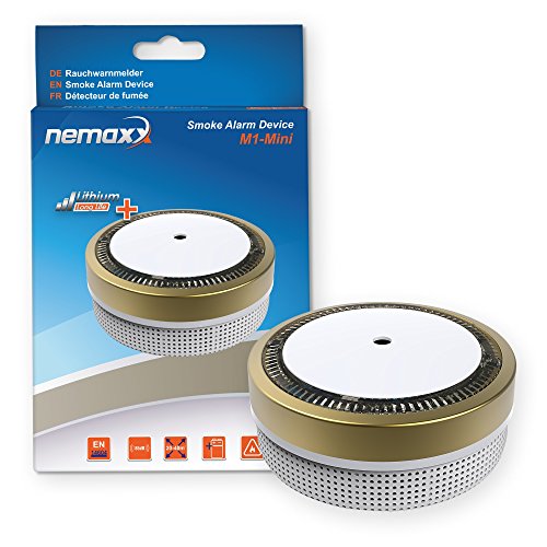 Nemaxx M1-Mini Rauchmelder - sensibler, photoelektrischer Rauchwarnmelder mit Lithiumbatterie Typ DC3V nach DIN EN14604 & VDs - Gold