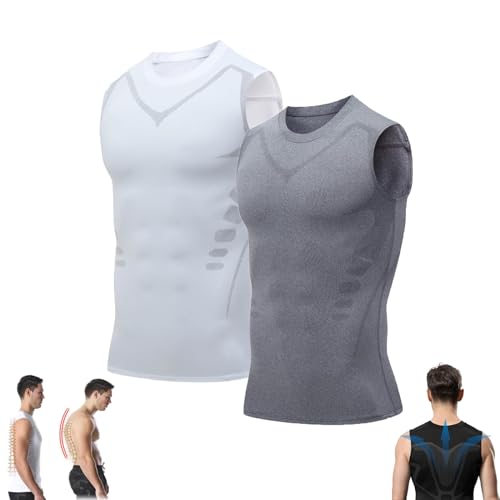 Pukmqu Gfouk Menionic Turmalin-Haltungskorrekturweste, Version Ionic Shaping Sleeveless Shirt, Haltungskorrektur Für Männer, Rückenstützweste (XL,White + Gray)