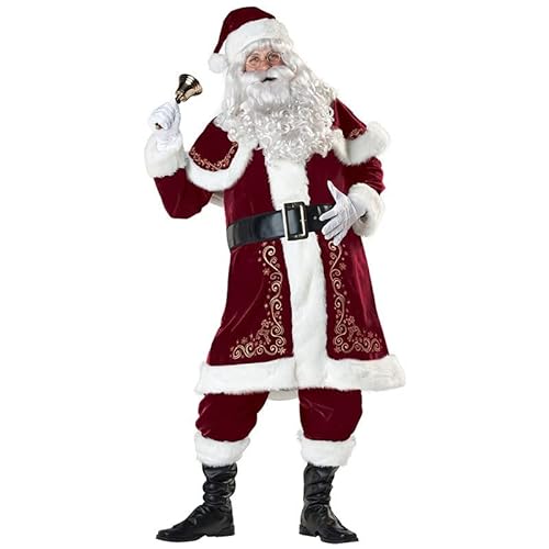 GJPINGA Weihnachtsmann-Kostüm mit Bärten, Anzug für Erwachsene, Herren, Deluxe-Outfit-Set, professionelle Kostüme, große, große Samt-Komplettanzüge in Übergröße, 12-teilig A,XL