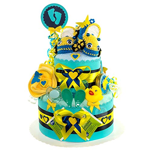 MomsStory - Windeltorte Junge | Auto-Motive | Baby-Geschenk zur Geburt Taufe Babyshower | 2 Stöckig (Türkis-Gelb) mit Baby-Schuhchen Lätzchen Schnuller & mehr