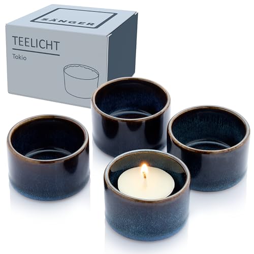 SÄNGER | Teelichthalter Tokio 8 TLG, Windlicht Glas aus Steingut inkl. Teelicht, Handmade Teelichtgläser mit Windlichtern, Kerzengläser, Teelichtglas Dunkelblau mit Schwarzen Akzenten