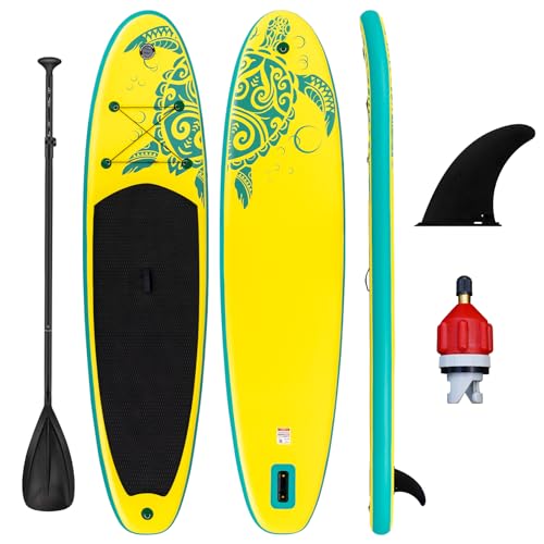 FunWater Stand Up Paddle Board Aufblasbares 3 Jahre Paddle Board Garantie Blow Up Paddle Boards für Erwachsene mit Paddel, Flosse, SUP Ventiladapter Gelb und Grün