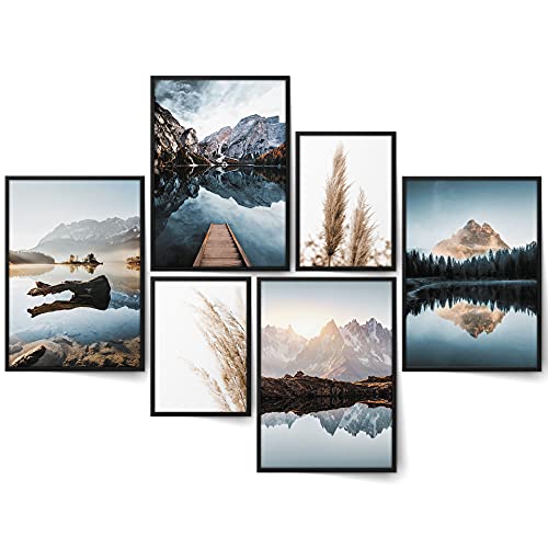BLCKART Paradise Mountain Bilder Set Stilvolle Beidseitige Berge Bilderwand Natur Landschaft Wohnzimmer Deko Poster (L | 4x A3 | 2x A4 | Holzrahmen (schwarz), Paradise Mountain)