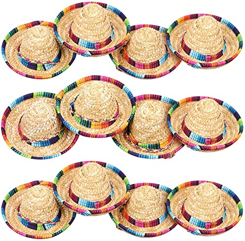 12 Stück Mini-Mexikanischer Hut, natürlicher Stroh, Mini-Miesta-Hut für Motto-Party-Dekorationen (braun)