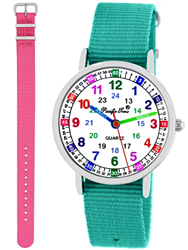 Pacific Time Kinder Armbanduhr Mädchen Jungen Lernuhr Kinderuhr Set 2 Textil Armband türkis + rosa analog Quarz 11121