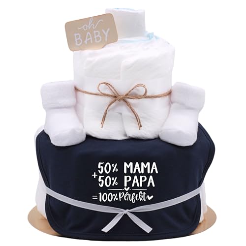 Trend Mama| Sprüche Windeltorte | Junge | 50% Mama +50% Papa = 100% Perfect | Baby Lätzchen mit Babysocken | handbedruckt- Babygeschenk
