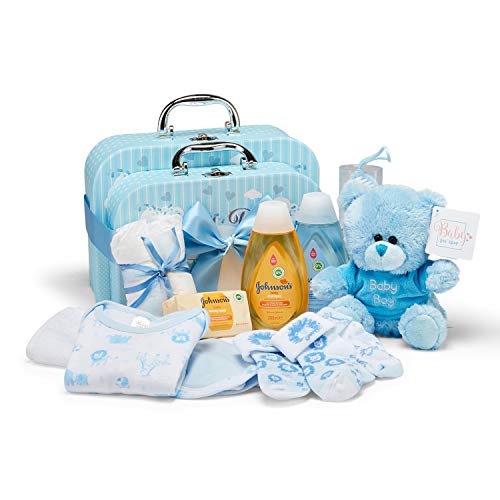 Baby Geschenkset - Blauer Korb voller Babyprodukte in 2 Baby Boy Andenkenboxen