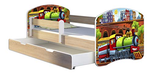 Kinderbett Jugendbett mit einer Schublade und Matratze Sonoma mit Rausfallschutz Lattenrost ACMA II 140x70 160x80 180x80 (44 Lokomotive, 160x80 + Bettkasten)
