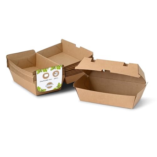 BIOZOYG Take Away Kraftkarton Box 200 Stück I robuste Fast Food Boxen mit hohem Klappdeckel I Snack Box aus Kraftkarton I stabile to Go Verpackung Karton braun 21,4x11,4x8,5 cm I biologisch abbaubar
