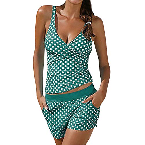 Lazzboy Frauen Tankini Badeanzug Bikini Beachwear Bademode Gepolstert Push Up Plus Damen übergröße Punktdruck Sets Gepolsterte(Grün,XL)