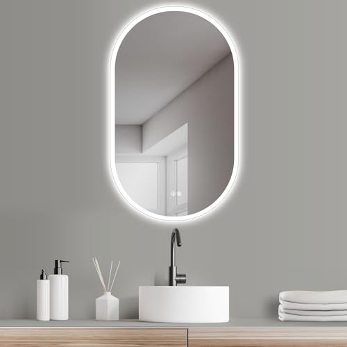 HOKO® Design LED ANTIBESCHLAG Badezimmer Spiegel oval 45 x 75 cm. HOCH + QUER Montage möglich. Badspiegel LED beleuchtet. Mit 2 Touch Schalter + LED Licht Wechsel - Warmweiß - Kaltweiß - Neutral