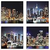 ARTLAND Leinwandbilder Set 4tlg. je 20x20 cm Quadratisch Wandbilder Städte Australien Sydney Blau Hafen New York Times Square K3AQ