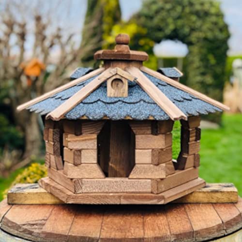 DARLUX Sechseck Vogelhaus aus Holz L - XL Futterstelle mit und ohne Ständer handgefertigt (L ohne Ständer, Dunkelbraun - Blau)