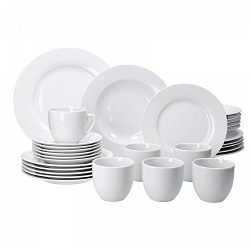 Van Well Trend 30-Piece Crockery Set for 6 People White Dinner Service and Coffee Service