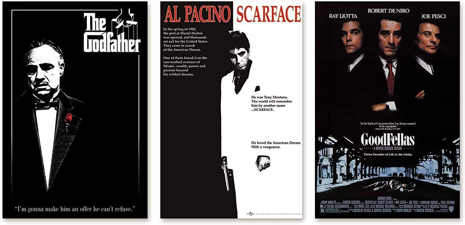 Close Up Gangster Movies Poster 3er-Set, Der Pate The Godfather, Al Pacino Scarface, Goodfellas - 61 x 91,5 cm + Geschenkverpackung. Verschenkfertig!