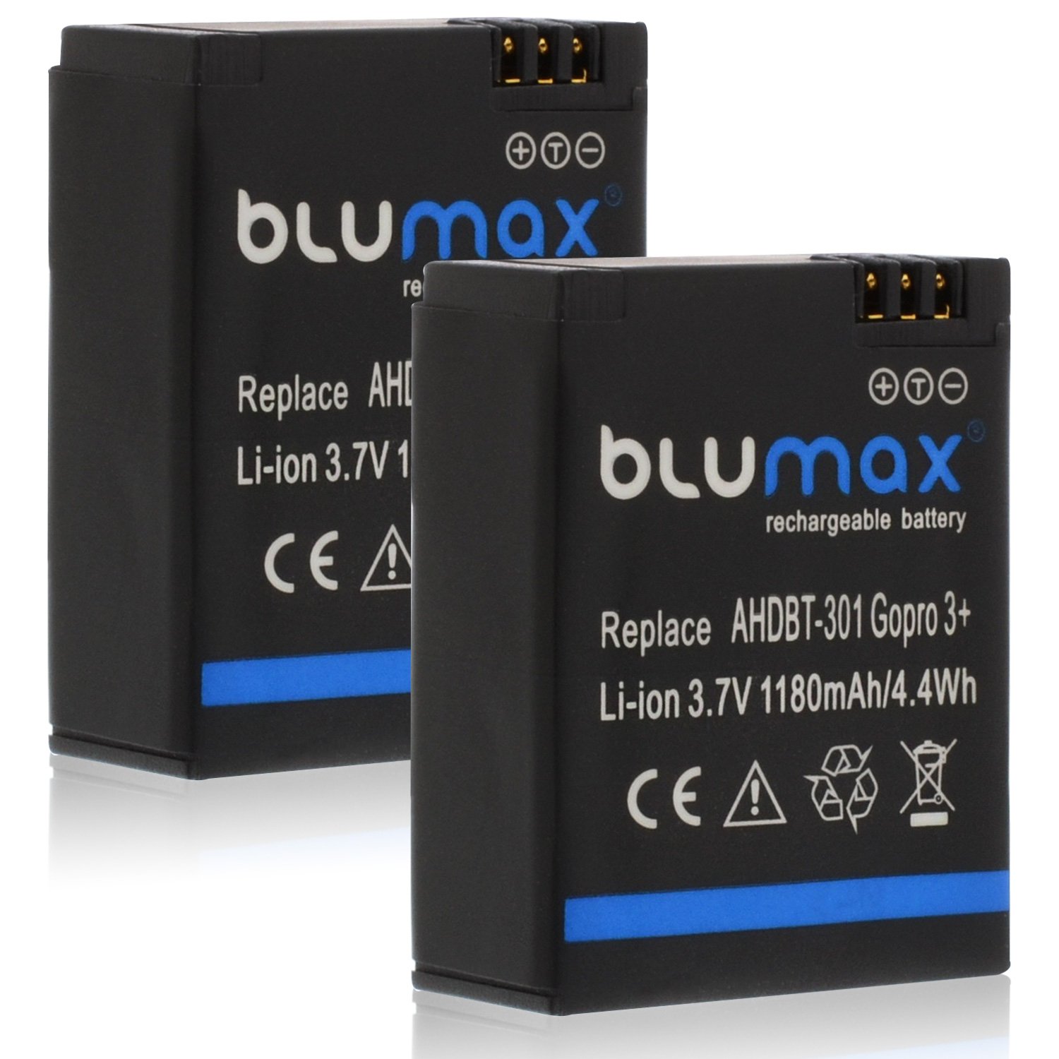 Blumax 2X Akku 1180mAh - ersetzt GoPro Hero 3 Plus 3+ / 3 Black, Silver, White - AHDBT-201, AHDBT-301, AHDBT-302, AHBBP-301, ACARC-001, AWALC-001