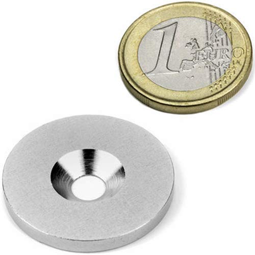 100 Metallscheiben mit Bohrung und Senkung - Ø27 x 3mm - aus Stahl (DC01) verzinkt - Metallplättchen rund mit Loch (Senkbohrung) - Gegenstück/Haftgrund für Magnete (ferromagnetisch), Menge: 100 Stück
