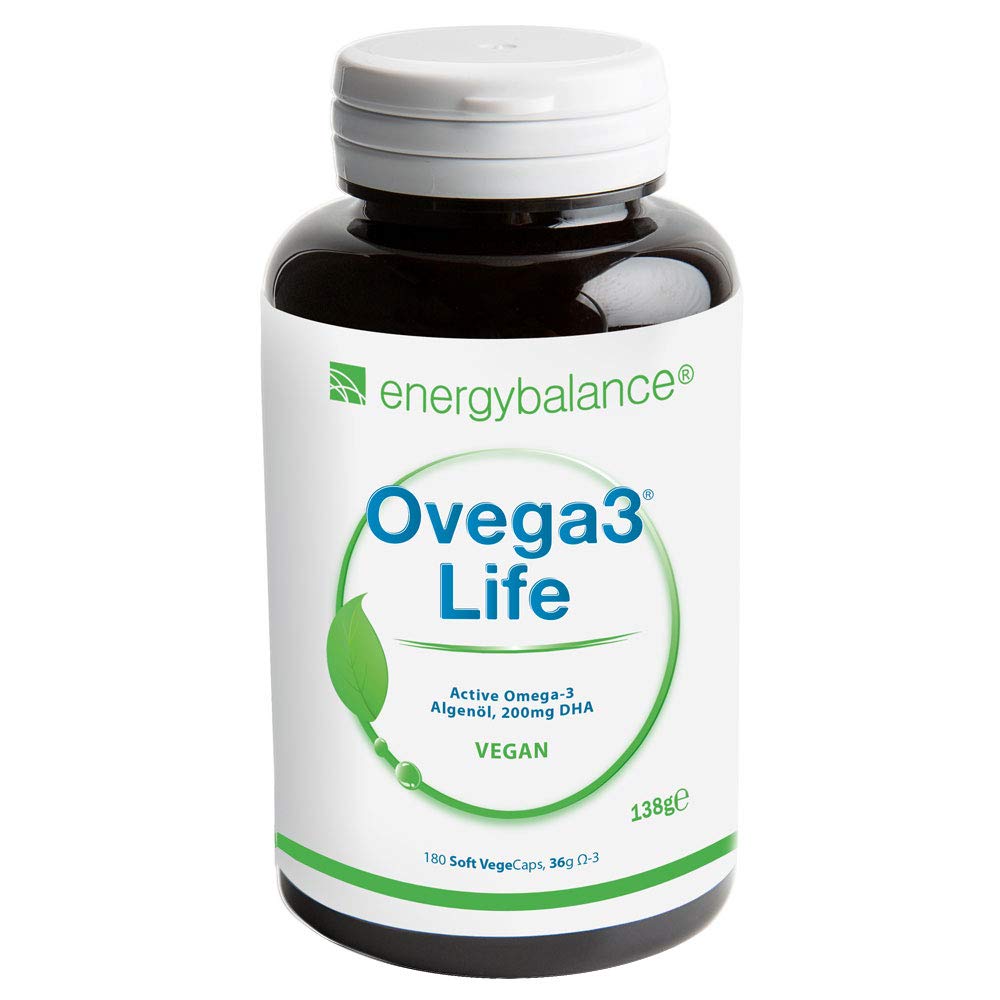 EnergyBalance Ovega3 Life - Kapseln Algenöl DHA - hochwertige Omega 3 Fettsäuren, pflanzliche Alternative zu Fischöl - Vegan, Glutenfrei, ohne Gelatine - 180 VegeCaps à 200 mg Ω-3
