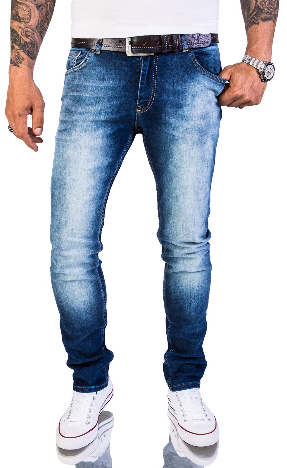 Rock Creek Herren Jeans Hose Slim Fit Stretch Jeans Herrenjeans Herrenhose Denim Stonewashed Blau Raw RC-2151 Super Washed W38 L32