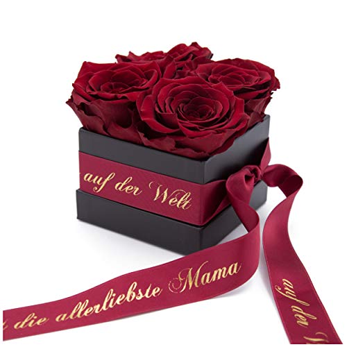 Muttertag Rosenbox mit konservierten Rosen haltbar 3 Jahre und Goldschrift - 8,5 x 8,5 cm (Du bist die allerliebste Mama auf der Welt, Dunkel Rot)