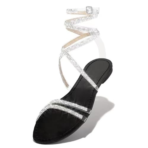 NEOFEN Damen-Strass-Flachsandalen zum Hineinschlüpfen mit offenem Zehenbereich, Memory-Schaum-Sandalen, Slide-Sandalen für Damen (Color : Black, Size : 37 EU)