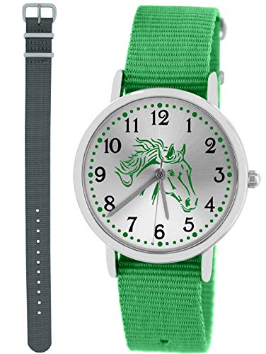 Pacific Time Mädchen Jungen Uhr Pferde analog Quarz mit 2 Wechsel Textilarmband grün grau 10227