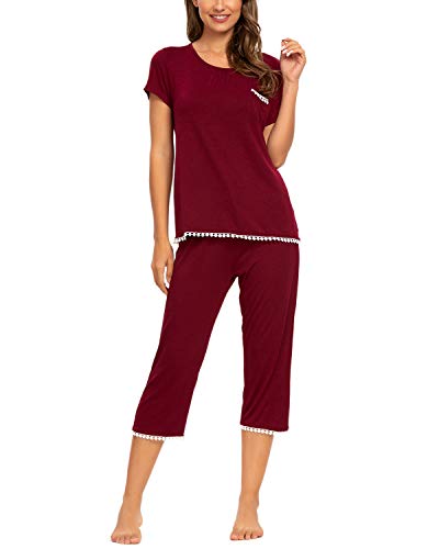 MINTLIMIT Damen Pyjama Kurz Zweiteilige Schlafanzug Sleepwear Sets Sleepshirt Nachtwäsche (Weinrot,Größe L)