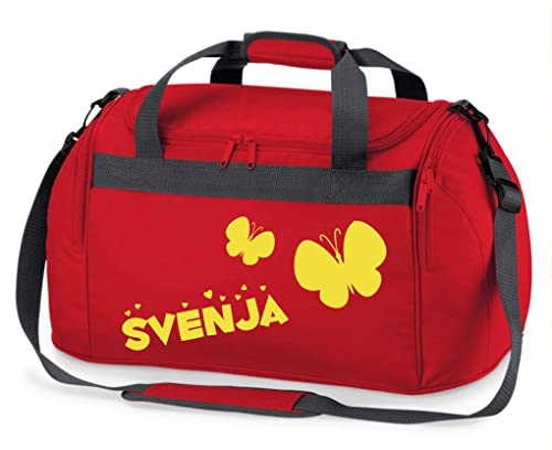 Kinder-Sporttasche mit Namen Bedruckt | Personalisierbar mit Motiv Schmetterling | Reisetasche Duffle Bag für Mädchen in Pink, Blau, Grün (rot)