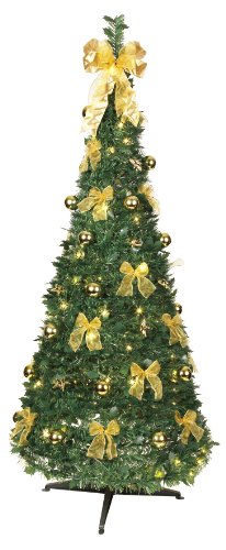 Best Season Dekorierter LED-Tannenbaum, beleuchtet circa 190 x 80 cm mit 80 warmwhite LED mit 8 Funktionen, zusammenfaltbar, goldene Dekoration Vierfarb-Karton 603-91