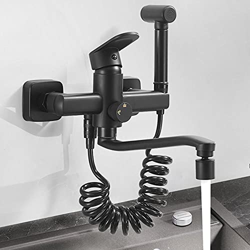 Schwarzer Wand-Küchenarmatur Messing-Doppelloch-Waschtischarmatur mit Spritzpistole Rotation heißes und kaltes Wasser 2 Modi Spülbeckenarmaturen-20Cm (Color : 30CM)