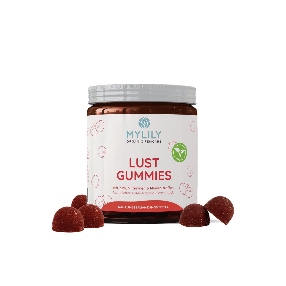 MYLILY® LUST Vitamin Gummies | Mit Zink & weiteren wertvollen Vitaminen | 100% VEGAN & OHNE ZUCKERZUSATZ | Natürlicher Acerola-Geschmack | 80 Gummies | Vollständig recyclebare PET-Dose