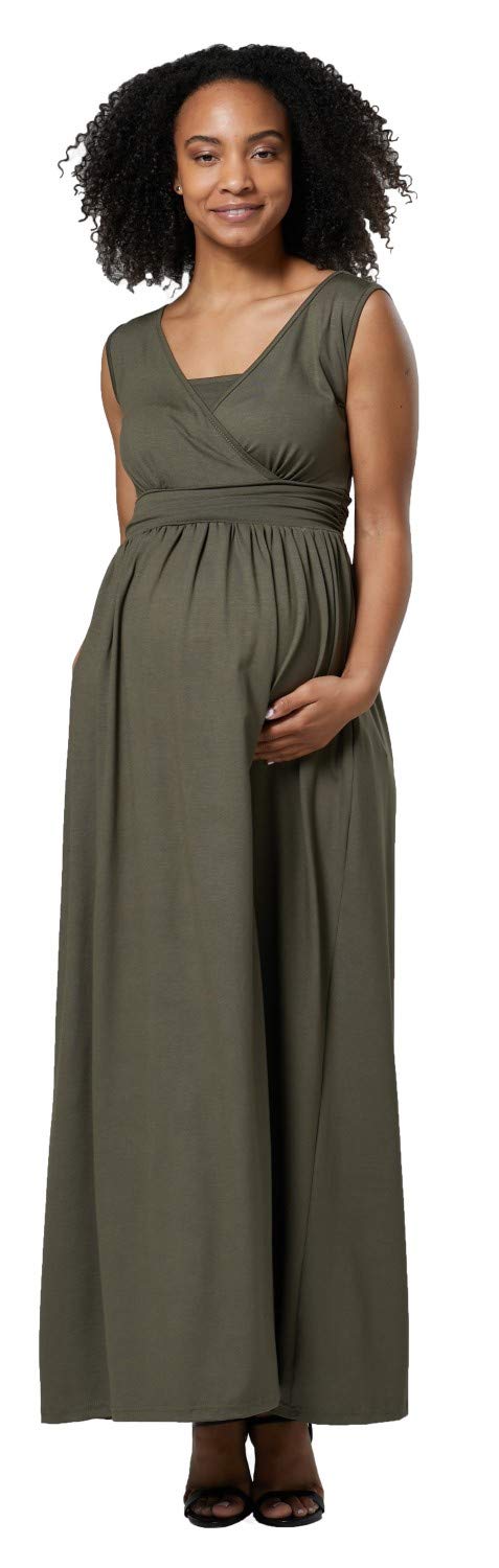 HAPPY MAMA. Damen 2in1 Umstands Stillkleid Maxikleid Seitentaschen Ärmellos.012p (Khaki, EU 40, L)