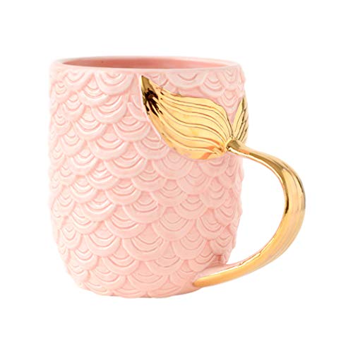 UPKOCH Kreative Meerjungfrau-Tasse mit Perlglasur, goldfarbene Keramik-Kaffeetasse mit Meerjungfrauenschwanz-Griff, für Kaffee, Getränke, Geburtstag, Hochzeit, Geschenk (Rosa)