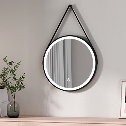 EMKE Badezimmerspiegel mit Beleuchtung, LED-Spiegel, rund, 50 cm, mit Touch-Schalter, weißes Licht, 6500 K, Rahmen schwarz