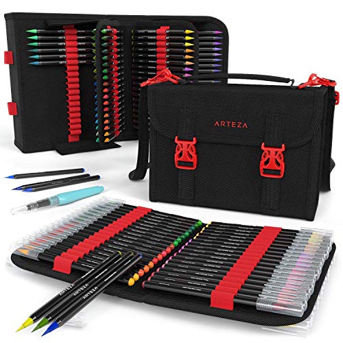 ARTEZA Aquarell-Pinselstifte, Set mit 96 hochwertigen Fasermalern auf Wasserbasis, enthält Wassertankpinsel, praktische Aufbewahrungstasche mit 108 Halteschlaufen, zum Mitnehmen und Malen