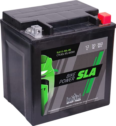 intAct Bike-Power SLA12-30L-BS, CTX30L-BS, 12V 30 Ah, 360 A (EN), Hochwertige und leistungsstarke AGM-Motorradbatterie, Wartungsfreie AGM-Batterie