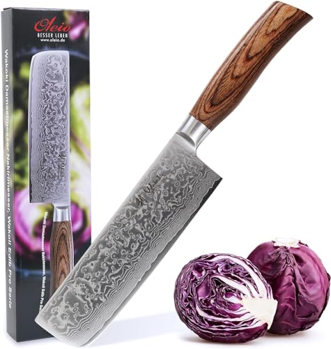 Wakoli EDIB Pro Premium Nakiri Messer mit 18 cm Klinge gefertigt aus 67 Lagen echtem Damaststahl mit Pakkaholzgriff I Damastmesser Küchenmesser und Profi Kochmesser