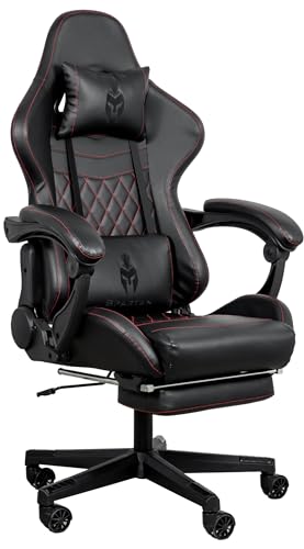 Bulla-Bulla Gaming Stuhl schwarz, Ergonomischer Gamer Stuhl mit Lenden- & Kopfkissen, PU Leder, Hohe Rückenlehne, Verstellbarer Bürostuhl mit Fußstütze, Gaming Chair (Schwarz & Rot)