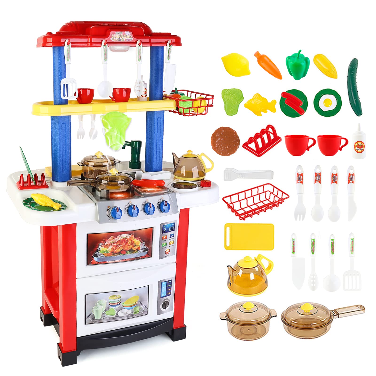 deAO Kinder-Küchenspielset “Happy Little Chef” (“Fröhlicher kleiner Koch”) mit Sound-und Lichteffekten und Wasserfunktion-33-teiliges Zubehör