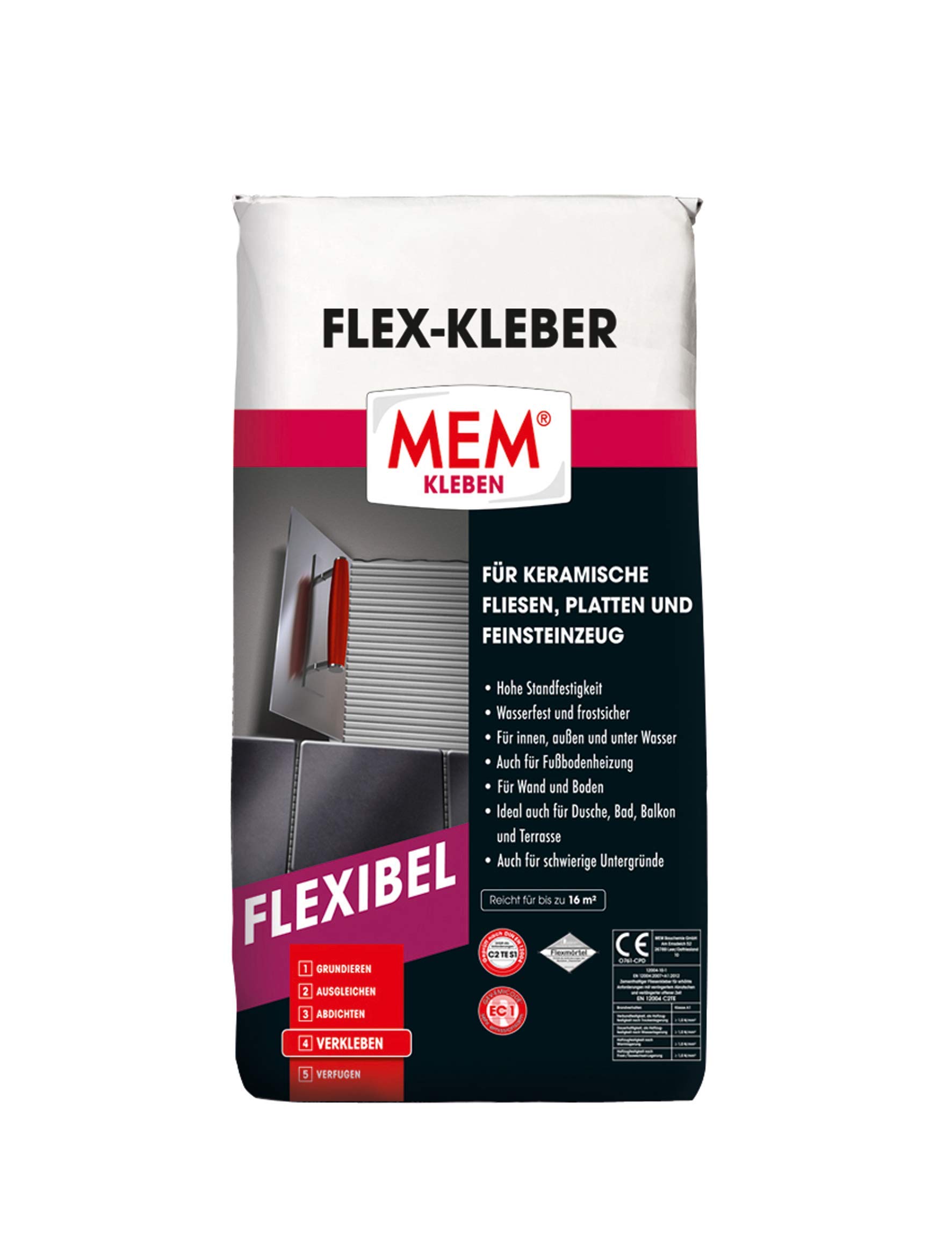 MEM Flex-Kleber - 25 KG - Ein flexibler Dünnbettmörtel - Dauernass - Frostbeständig und von hoher Verformbarkeit - Für Untergründe aus Beton, Zement-, Kalk- und Gipsputz - 30822618