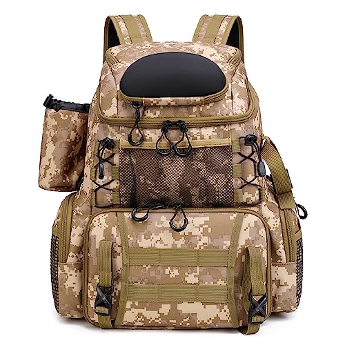 YIWENG Angelgerät-Rucksack mit 4 Angelkästen und Regenschutz, wasserdichte Angelgerät-Aufbewahrungstasche mit Rutenhaltern und Flaschenhalter für Outdoor-Camping, Angeln, Wandern